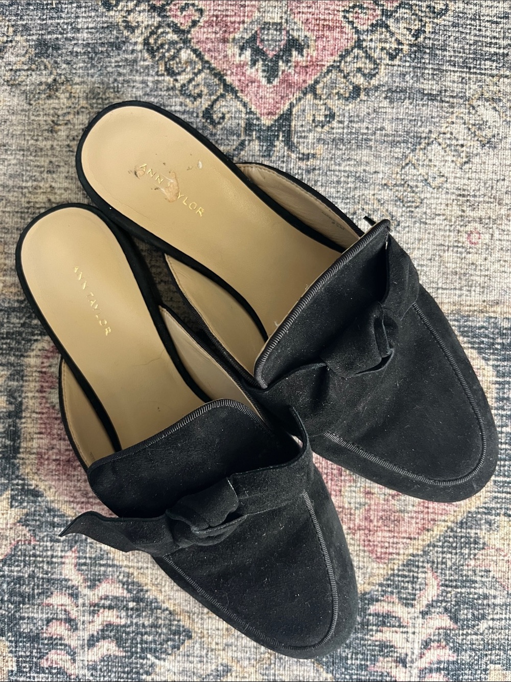 Ann Taylor Black Suede Bow Mules